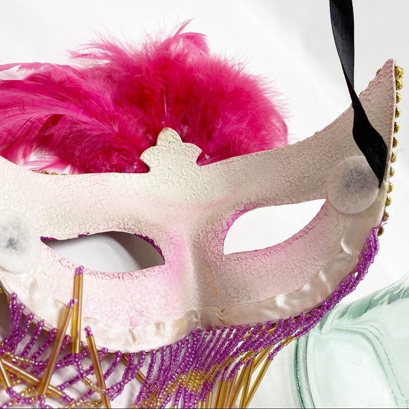 Masquerade Ball Mask Feather Bead Fringe Pink Gold - Picture 6 of 6